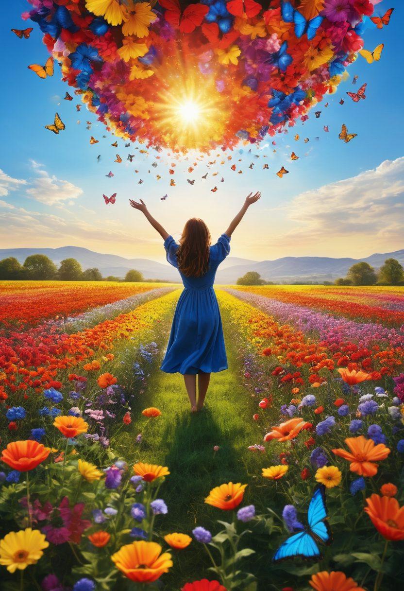 A radiant sun shining over a blooming field of vibrant flowers, with a person joyfully stretching their arms towards the sky. Surrounding elements include smiling faces, butterflies, and colorful balloons rising up. The overall atmosphere should exude warmth, happiness, and positive energy. super-realistic. vibrant colors.