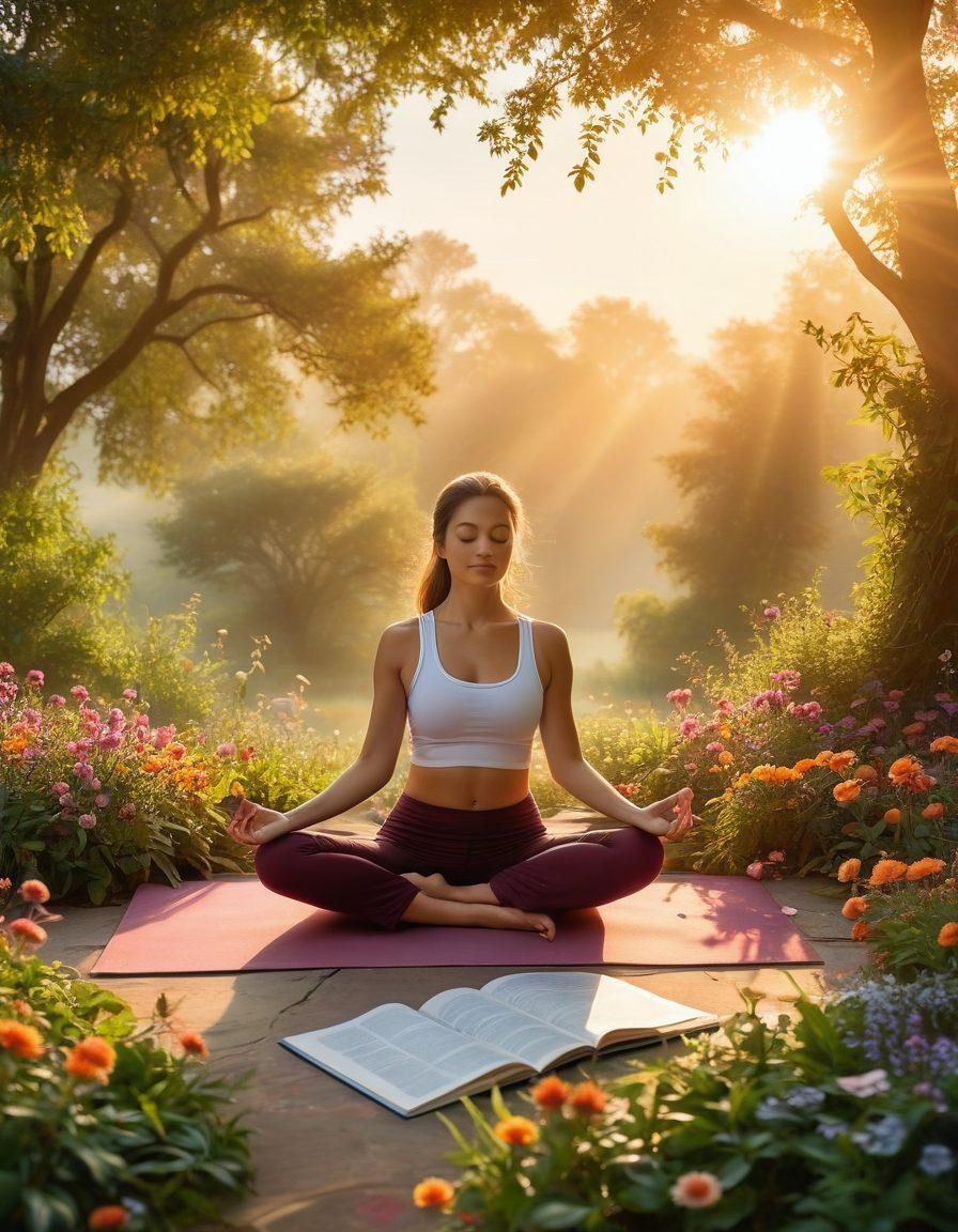 A serene morning sunrise, with light filtering through dew-kissed leaves, a person practicing yoga on a mat, surrounded by blooming flowers and birds flying. Pair this image with subtle elements like a journal open with motivational quotes and a cup of herbal tea steaming softly. vector art. vibrant colors.