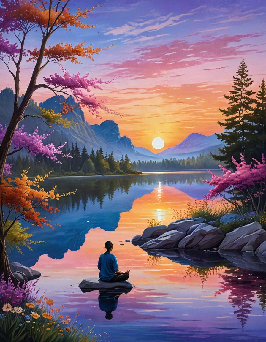 A serene landscape transitioning from a glowing sunset to a tranquil moonlit night, symbolizing the journey from momentary joy to lasting peace. Include a person meditating by a calm lake, with vibrantly colored flowers blooming around. The sky should showcase both warm and cool hues to enhance the theme of transformation. painting. vibrant colors.